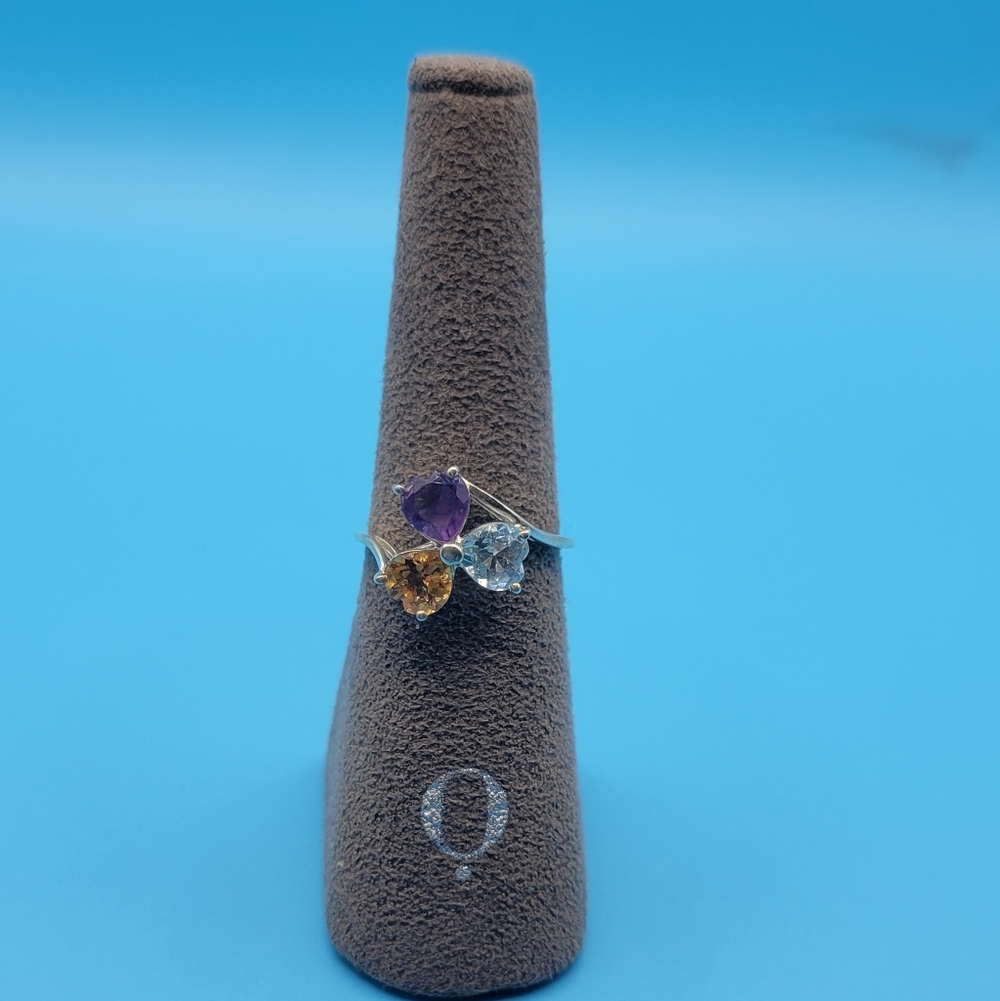 Vintage Sterling Silver STS 3 Gemstone Flower Heart Ring Size 8 - Picture 3 of 12